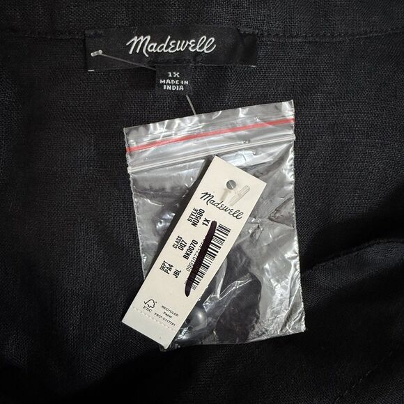 MADEWELL Pleated Midi Shirtdress 1X Black 100% Linen Short Sleeve A-Line NWT B27 - Picture 4 of 5